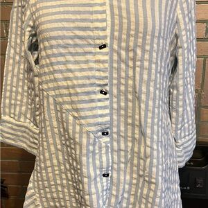 Anne French Striped Tunic Top – Medium Asymmetrical Button Back Shirt